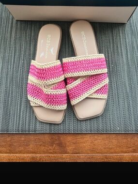 BCBGeneration Pink and Cream Crochet Slide Sandals